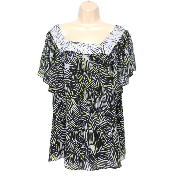 Worthington Tunic Top Plus Size 1X Black White Green Geometric Sheer Square Neck - Picture 1 of 6